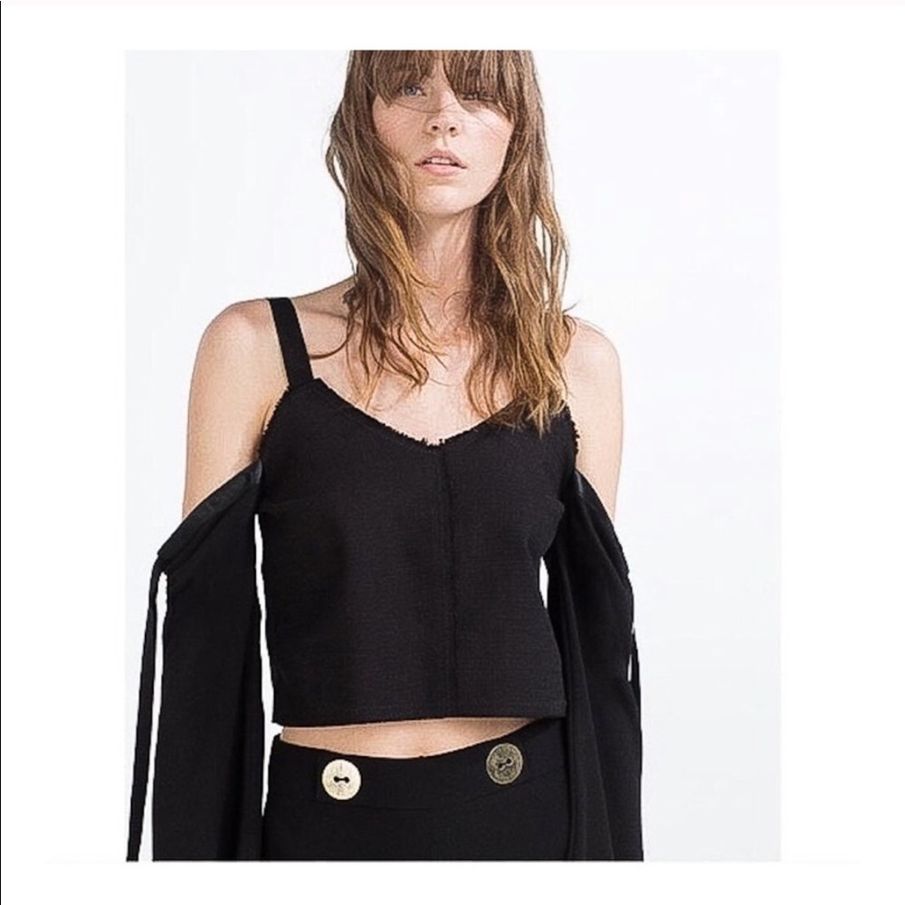 ZARA Black Off Cold Shoulder Raw Hem Top